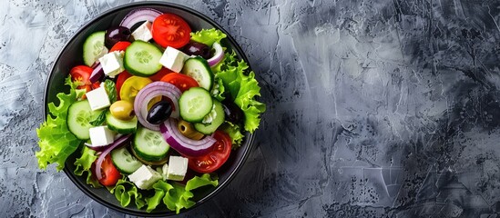 Poster - Top view copy space image of a fresh Greek salad with cucumber tomato sweet pepper lettuce red onion feta cheese and olives is a great example of healthy food