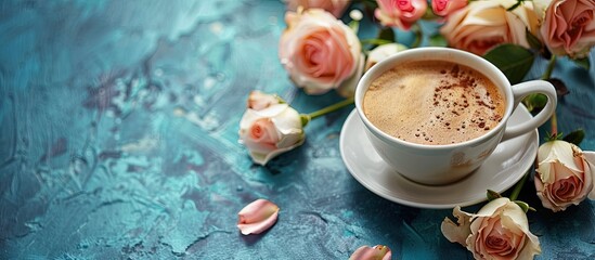 Wall Mural - Coffee and a beautiful bouquet of roses placed on a backdrop of blue creating a lovely composition with copy space image