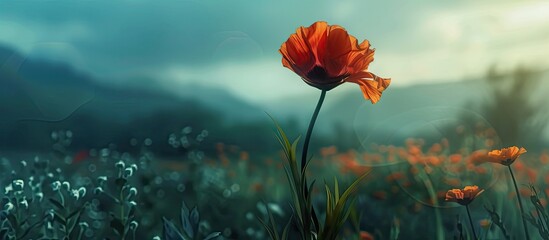 Canvas Print - Vivid poppy blossoming with a natural appeal in a striking landscape with copy space image