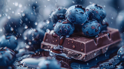 Close-up of blueberries on chocolate with raindrops