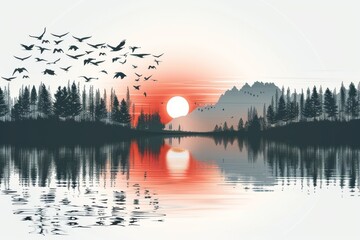 Wall Mural - serene landscape illustration with a sunset over a lake and birds in flight, symbolizing tranquility