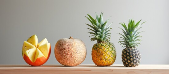 Sticker - Fruit like pineapple cantaloupe and watermelon on a white table suitable for a copy space image The photograph explores fruit and healthy lifestyle themes