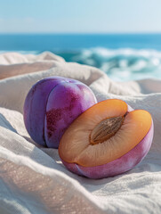 Wall Mural - Two plums, one cut in half, on a beach with ocean in the background