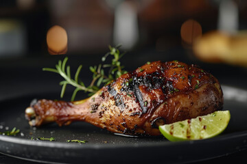 grilled chicken leg on a black matte plate