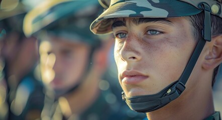 Soldiers in military parade, closeup portrait.