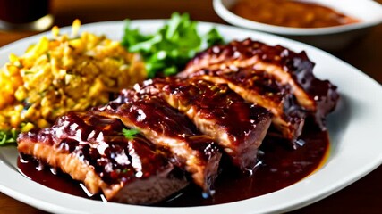 Canvas Print -  Delicious BBQ ribs with a side of corn and greens ready to be savored