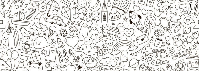 Seamless vector banner with hand drawn doodle illustrations in kids style. Cute child scribble in black color on wide background. Pattern with simple line drawings of animals, rocket, house, flowers