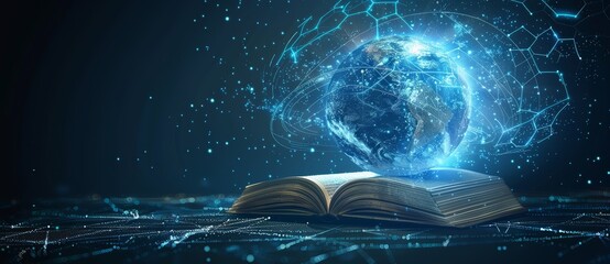 Wall Mural - an open book with a blue glowing globe above it symbolizing the power of knowledge and education. wo