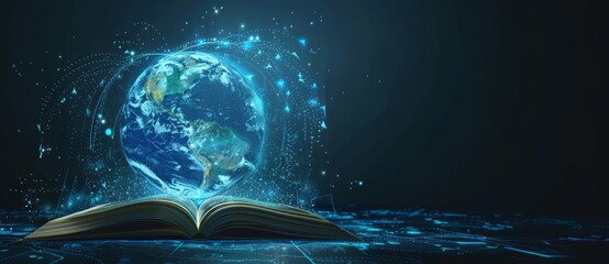 Wall Mural - an open book with a blue glowing globe above it symbolizing the power of knowledge and education. wo