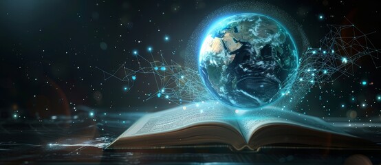 Wall Mural - an open book with a blue glowing globe above it symbolizing the power of knowledge and education. wo