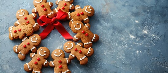 Wall Mural - Christmas gingerbread man cookies arranged in a wreath with a red ribbon set on a blue stone background for a festive copy space image