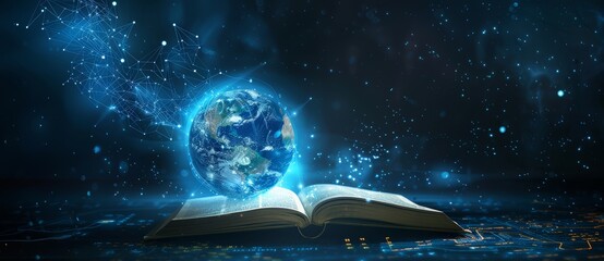 Wall Mural - an open book with a blue glowing globe above it symbolizing the power of knowledge and education. wo