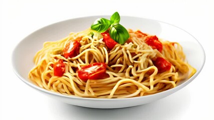 Poster -  Delicious pasta dish with vibrant red tomatoes and fresh basil