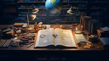 Wall Mural - An overhead shot capturing the organized chaos of open textbooks on a student's desk