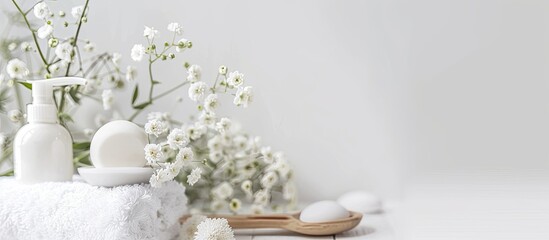 Sticker - Close up of spa accessories and lovely flowers on a white backdrop with copy space image