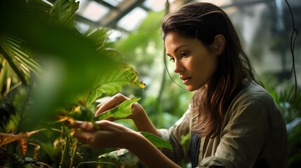 Wall Mural - Botanist explores a tropical rainforest, capturing exotic plant species for cataloging