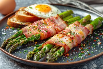 Plate with baked asparagus wrapped in Parma ham, an egg and toast next to it.