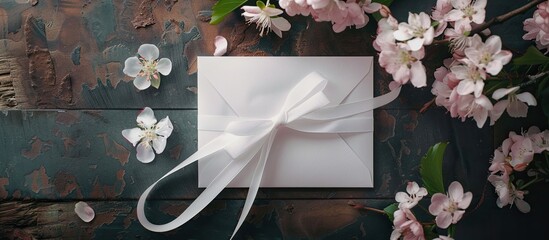 Canvas Print - Studio photo featuring an envelope adorned with a white ribbon and two postcards showcasing flowers with copy space image