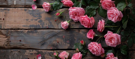 Poster - Top view of a Valentine s Day themed wooden table decorated with pink roses perfect for a copy space image