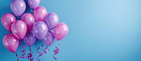 Wall Mural - Balloons in pink and purple hues accompanied by serpentine ribbons set against a blue background creating a festive copy space image