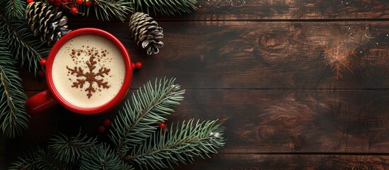 Wall Mural - Top view of a holiday themed Xmas card with a traditional Christmas cocoa beverage in a red cup set against a dark wooden background with fir branches cones and a space for additional images