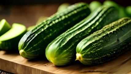 Wall Mural -  Freshly harvested cucumbers on a wooden surface