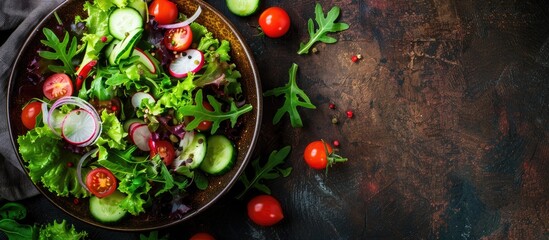 Canvas Print - Fresh vegetable salad with lettuce cherry tomatoes cucumbers radish greens and onions on a table for a healthy lunch Featuring a copy space image for a mockup or banner