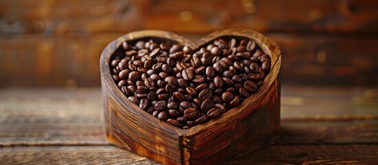 Canvas Print - A wooden container filled with roasted coffee beans displaying a heart shape Includes copy space image