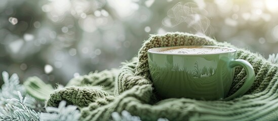 A cozy winter scene with a cup of steaming hot drink nestled in a green sweater outdoors ready for a copy space image