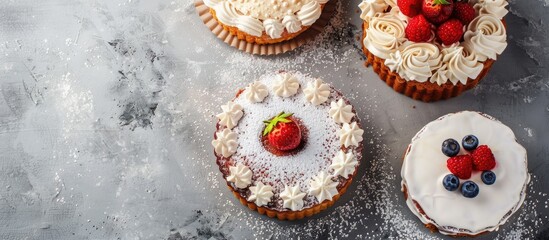 Wall Mural - Three homemade Hungarian cakes placed against a neutral background with ample copy space image for text or design elements