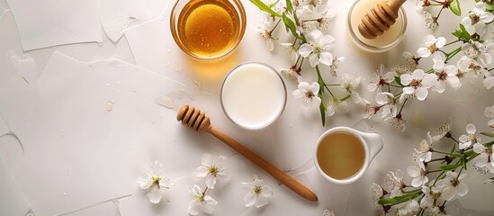 Poster - Table adorned with a picturesque arrangement of milk and honey creating a captivating copy space image