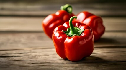 Canvas Print -  Fresh vibrant red bell peppers on rustic wooden surface