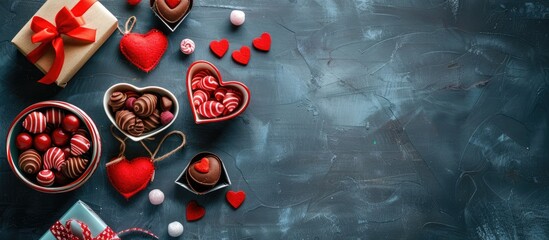 Sticker - Valentine s Day themed composition featuring sweet candy gift boxes adorned with bows and red felt hearts arranged on a photo template background Top view with copy space image