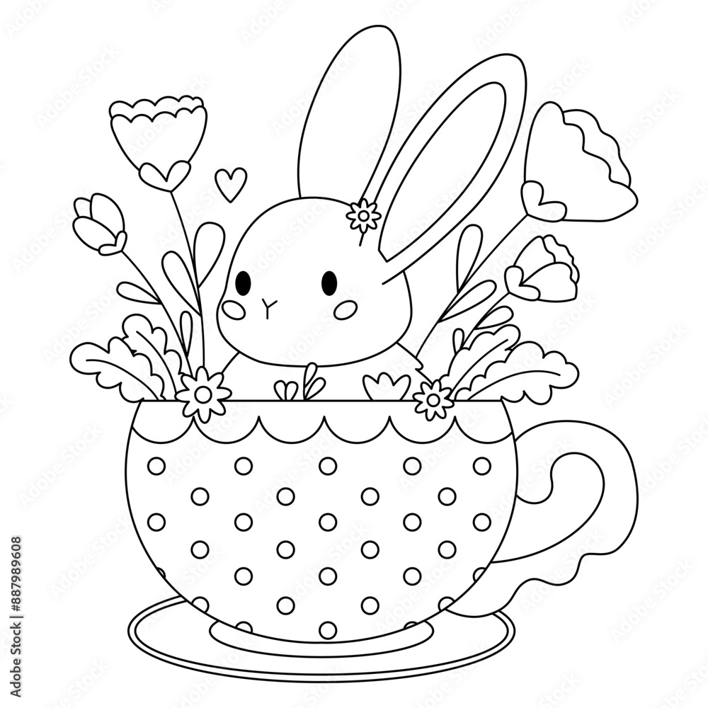 Rabbit in cup with flowers. Cute cartoon bunny. Coloring page for kids ...