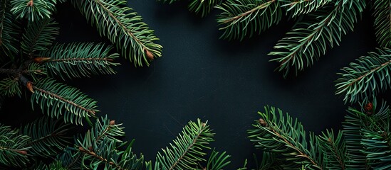 Canvas Print - Black background featuring a natural fir spruce for Christmas and Happy New Year celebrations with copy space image