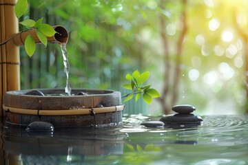 Wall Mural - Tranquil spa setting with bamboo fountain and zen stone