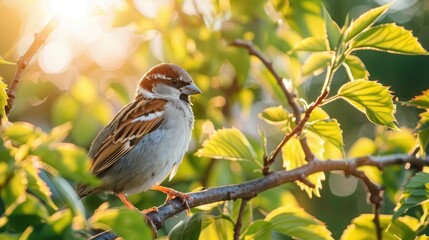 Sparrow sitting on a leafy tree branch during sunny days, embodying the beauty of nature and wildlife photography.