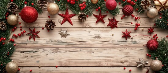 Sticker - Festive Christmas and New Year backdrop with lovely decorations on a wooden surface Copy space image available