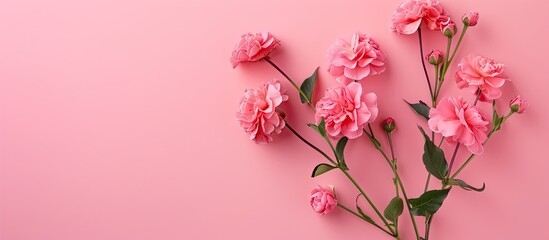 Canvas Print - A pink flower arrangement on a pastel pink backdrop for Valentines Mother s or Women s Day presented in a flat lay style with a top down view and room for text or other images. Copy space image