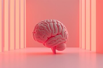 Poster - Futuristic digital art with a pink brain in a neon-lit environment, symbolizing technology and creativity, set against a light background.