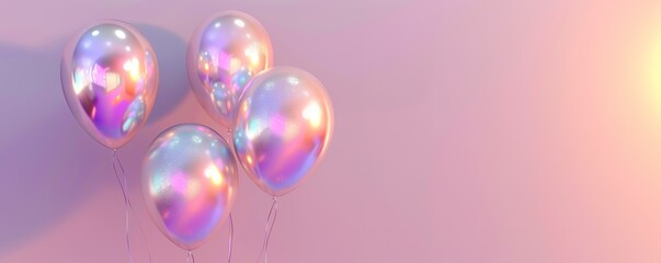 Wall Mural - Iridescent balloons floating with ample copy space on a pink background.