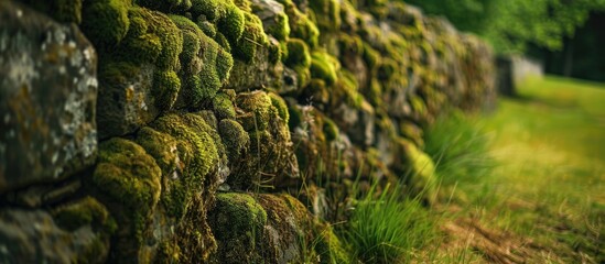 Poster - A medieval stone wall covered in moss and grass creating a natural background with a soft focus perfect for a copy space image