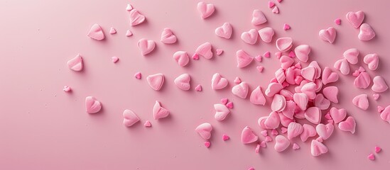 Wall Mural - Pink background with heart shaped sprinkles in a flat lay composition offers ample copy space image