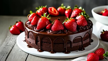 Wall Mural -  Deliciously decadent chocolate cake with fresh strawberries ready to be savored