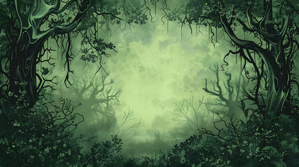 Poster - Enchanting Forest Scene Intricate Black Line Sketch on Mossy Green Background.






