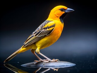 Poster - A vibrant yellow and black bird with distinctive plumage stands proudly on a sleek black surface, showcasing its striking beauty in a natural, isolated setting.