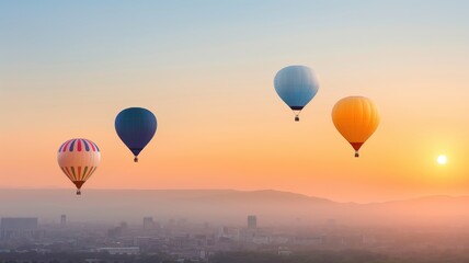  Balloons, floating over a cityscape at sunset, whimsical adventure