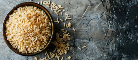 Canvas Print - A bowl of brown rice displayed on a rustic wooden surface with a grey backdrop creating an appealing composition with copy space image