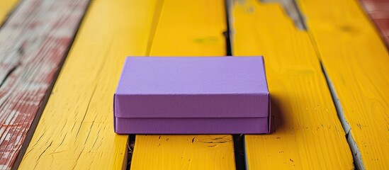 Canvas Print - A small purple box is positioned on a yellow wooden surface with copy space image available