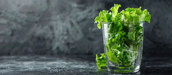 Poster - Glass with lettuce leaves on dark background a concept for diet with copy space image